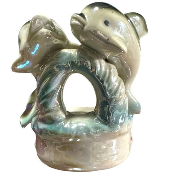 Vintage Iridescent Lustreware Ceramic Blue Dolphins on Trinket Bowl 1960s‎ - Picture 1 of 11
